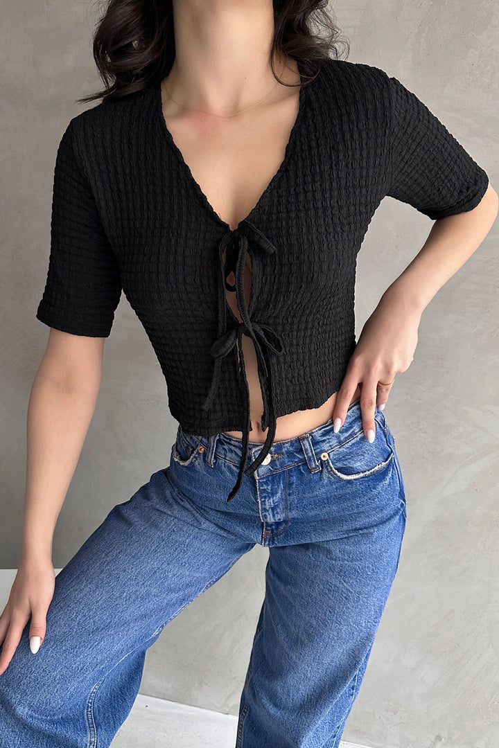 Black V-Neck Front Tie Waffle Crop Blouse BCDF-252169 - Dayton