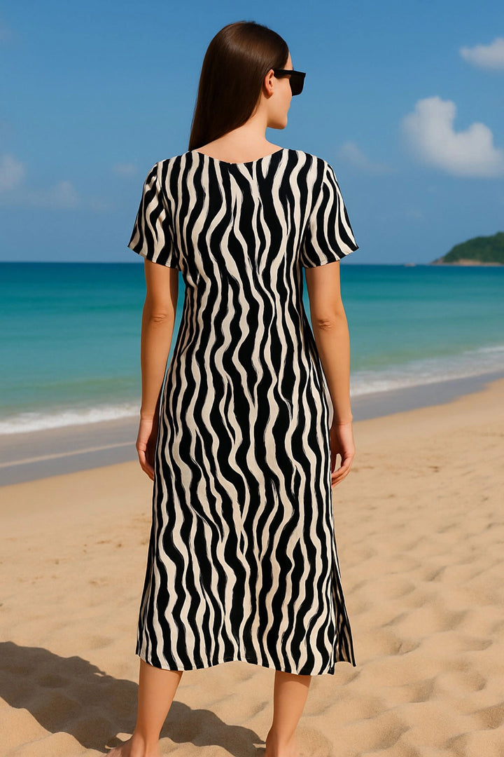 Black V-Neck Front Ruched Side Slit Patterned Woven Dress BCPK-2510002 - Lucerne
