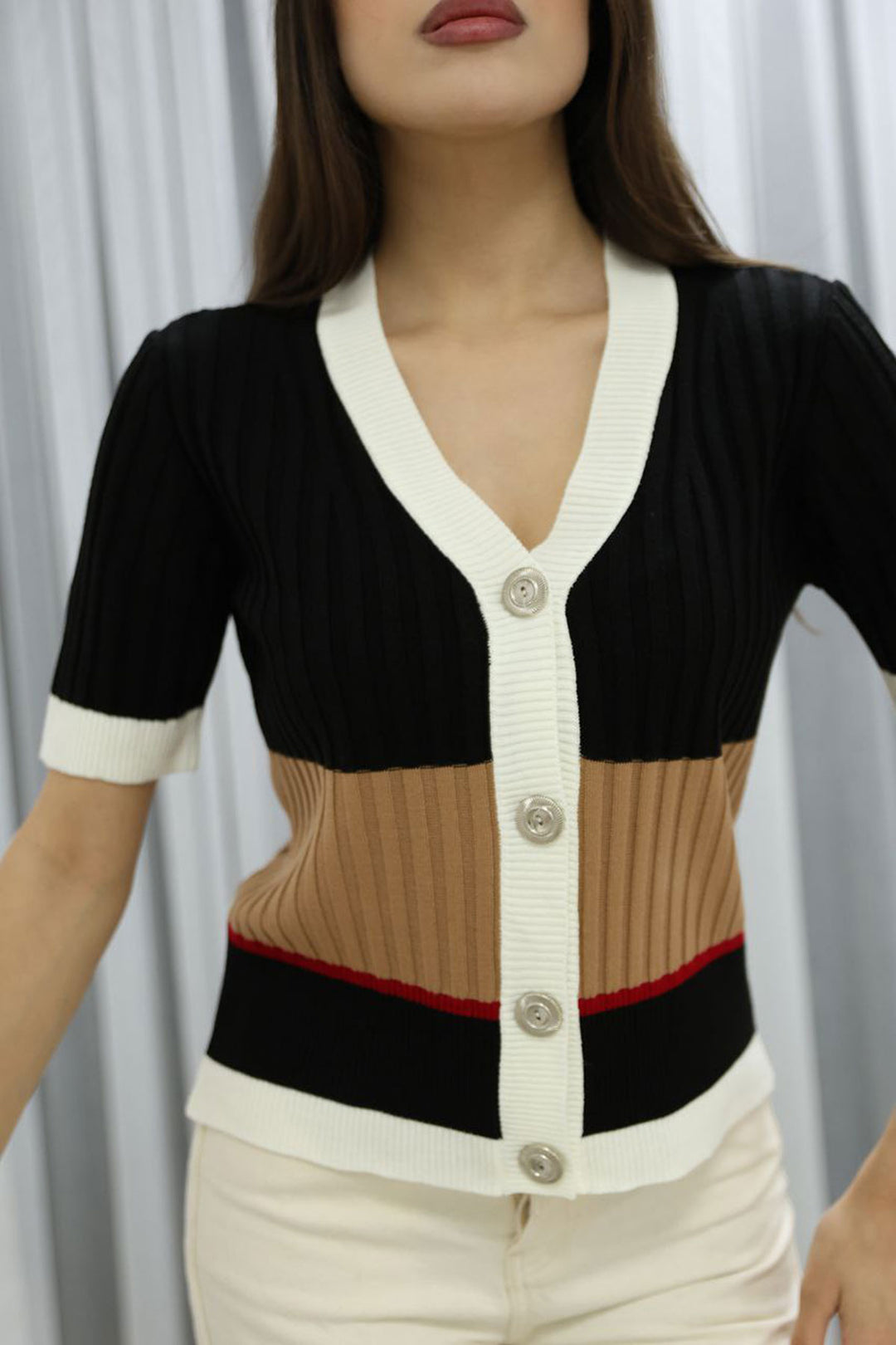 Black V-Neck Color Block Buttoned Knit Blouse BCES-252013 - Mira