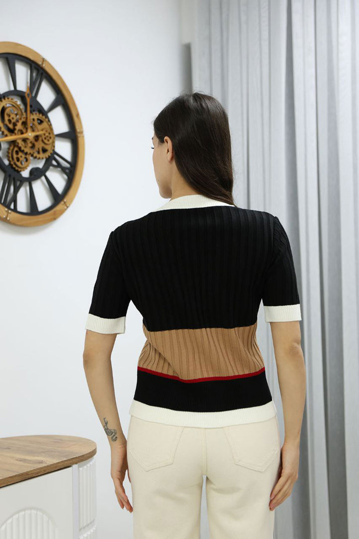Black V-Neck Color Block Buttoned Knit Blouse BCES-252013 - Mira