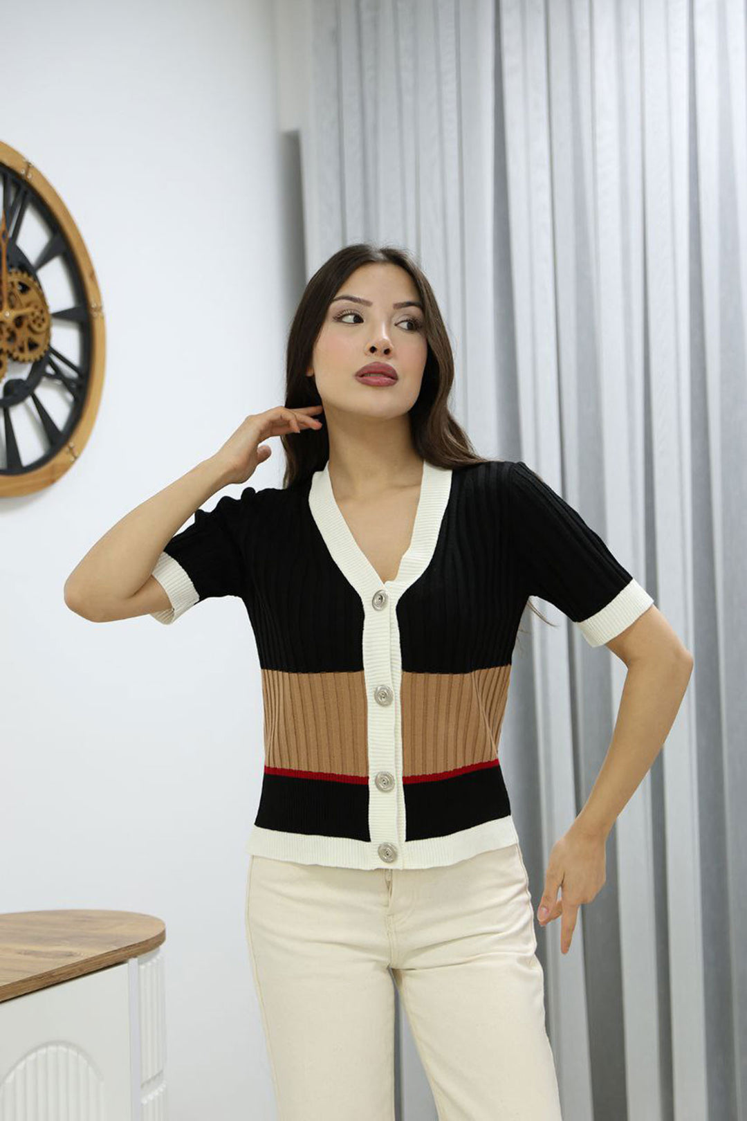 Black V-Neck Color Block Buttoned Knit Blouse BCES-252013 - Mira