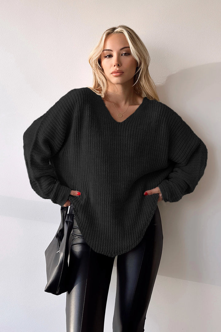Black V-Neck Thessaloniki Knitted Winter Sweater BC231019 - Tbilisi