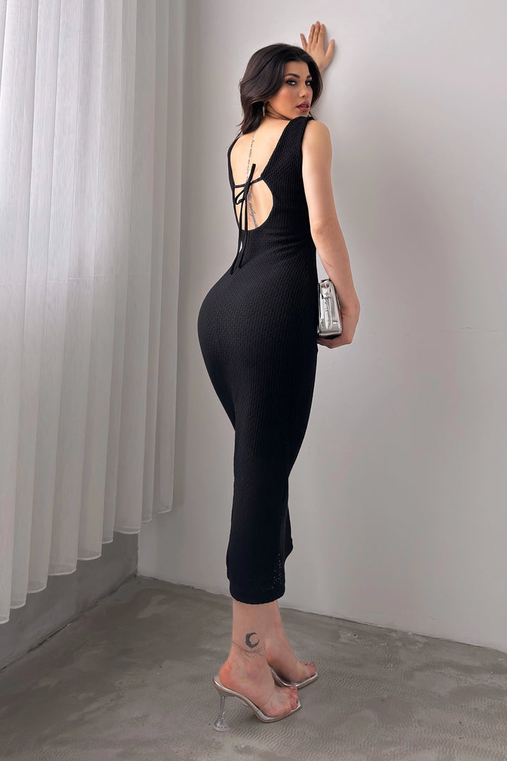 Black V-Neck Back Lace-Up Detail Knit Dress BCDF-241068 - Monroe