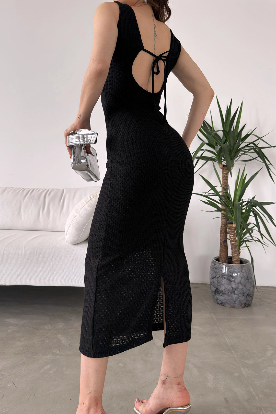 Black V-Neck Back Lace-Up Detail Knit Dress BCDF-241068 - Monroe