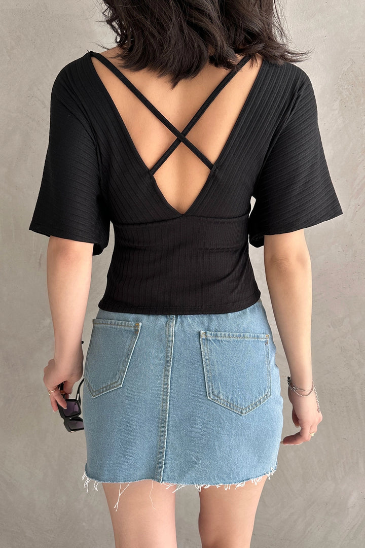 Black V-Neck Back Cross Striped Ribbed Blouse BCDF-252177 - Mouscron