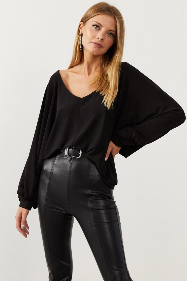 Black V-Neck Batwing Sleeve Blouse BCBSK-25700-K5707 - Veldhoven
