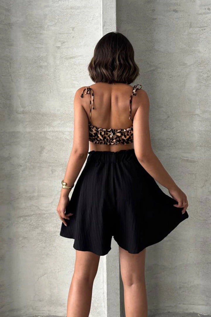 Black Linen Shorts with Ruffle and Elastic Waistband BCHN-25255058 - La Louvière