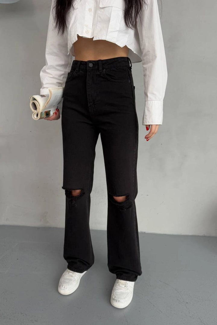 Black Wide Leg Distressed Detail Wide Leg Denim Jean BCNW-251379 - Blackburn
