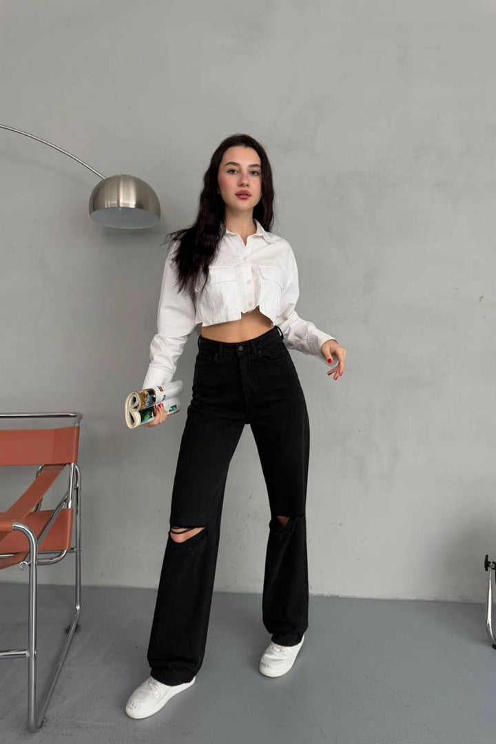 Black Wide Leg Distressed Detail Wide Leg Denim Jean BCNW-251379 - Blackburn