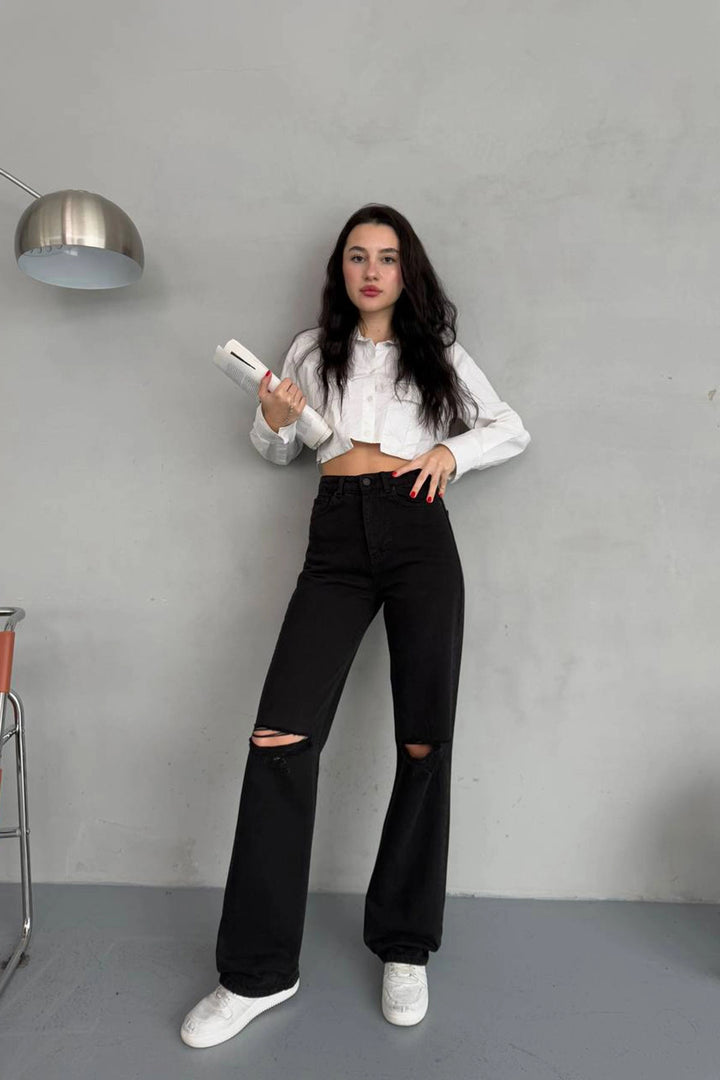 Black Wide Leg Distressed Detail Wide Leg Denim Jean BCNW-251379 - Blackburn