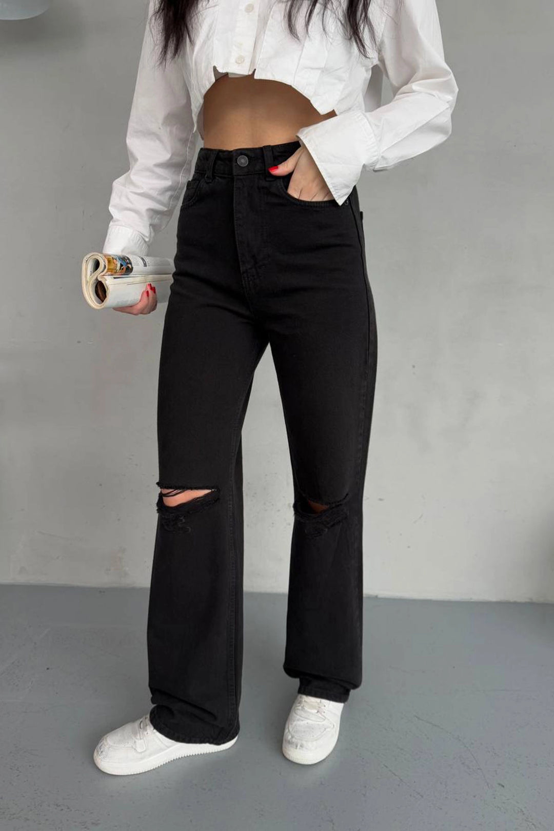 Black Wide Leg Distressed Detail Wide Leg Denim Jean BCNW-251379 - Blackburn