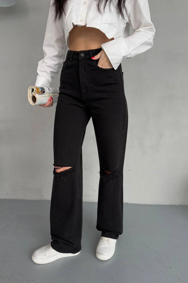 Black Wide Leg Distressed Detail Wide Leg Denim Jean BCNW-251379 - Blackburn