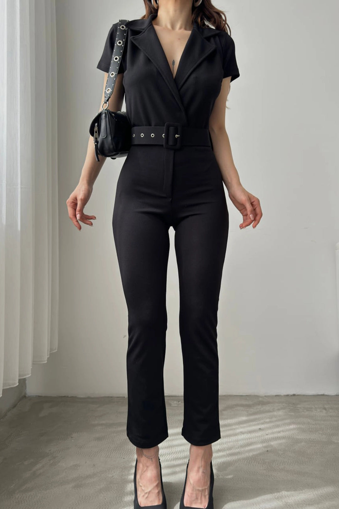 Black Collared Belted Jumpsuit BCDF-247023 - Port Charlotte