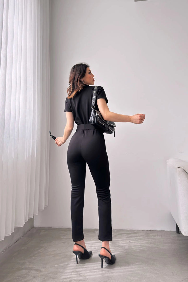 Black Collared Belted Jumpsuit BCDF-247023 - Port Charlotte