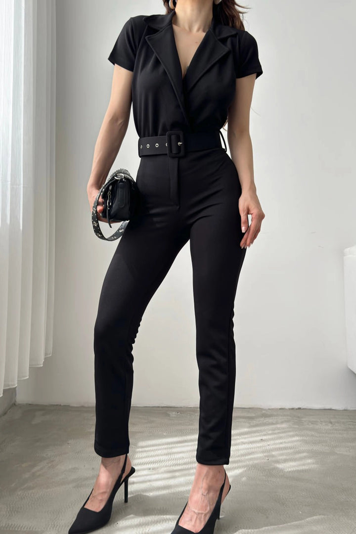 Black Collared Belted Jumpsuit BCDF-247023 - Port Charlotte