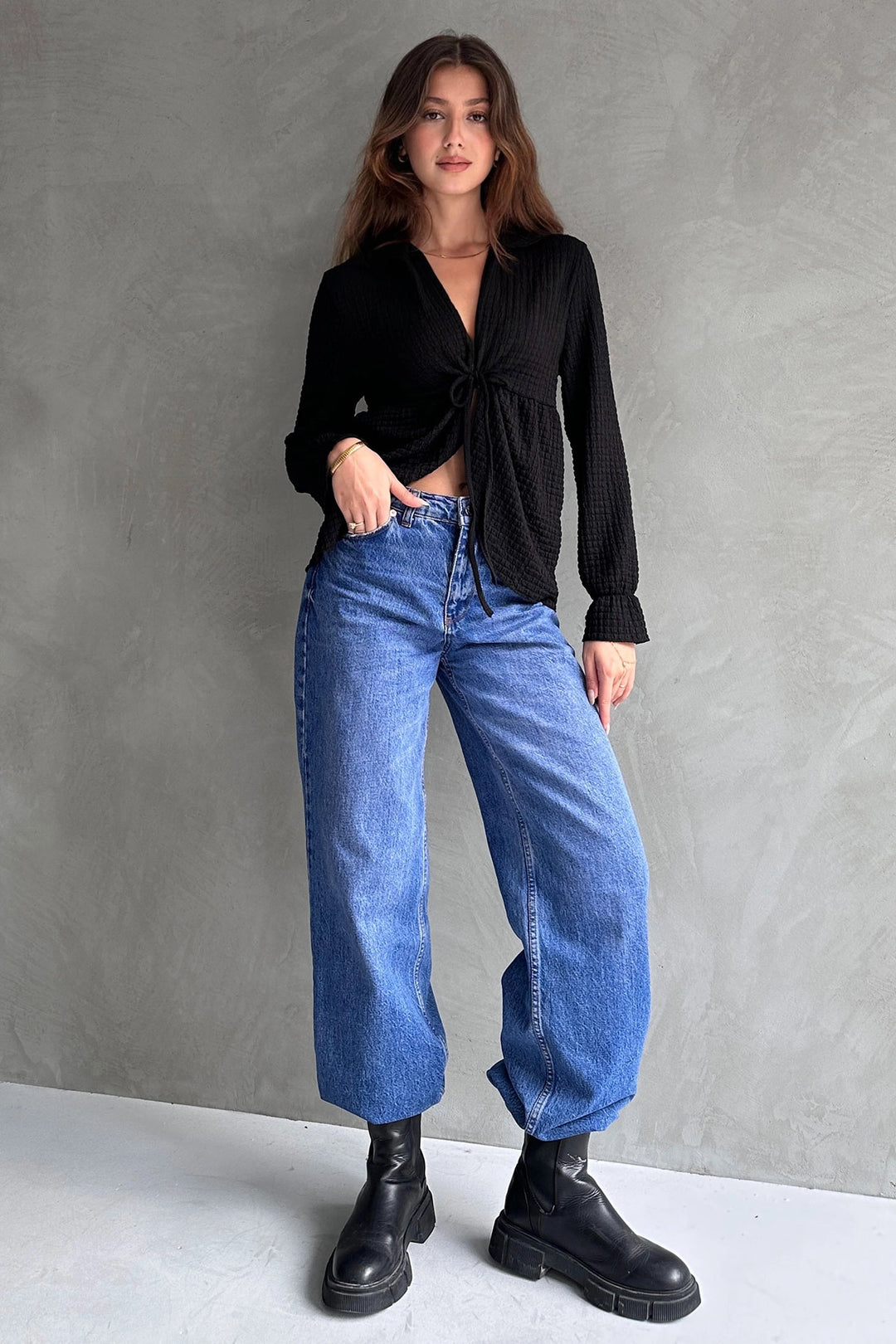 Textured Blouse with Black Collar and Front Laces BCDF-242123 - Lexington