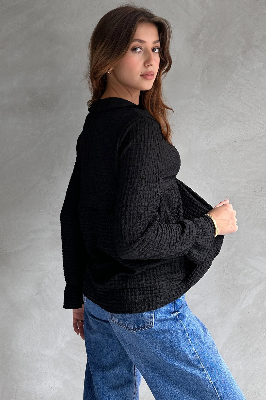 Textured Blouse with Black Collar and Front Laces BCDF-242123 - Lexington
