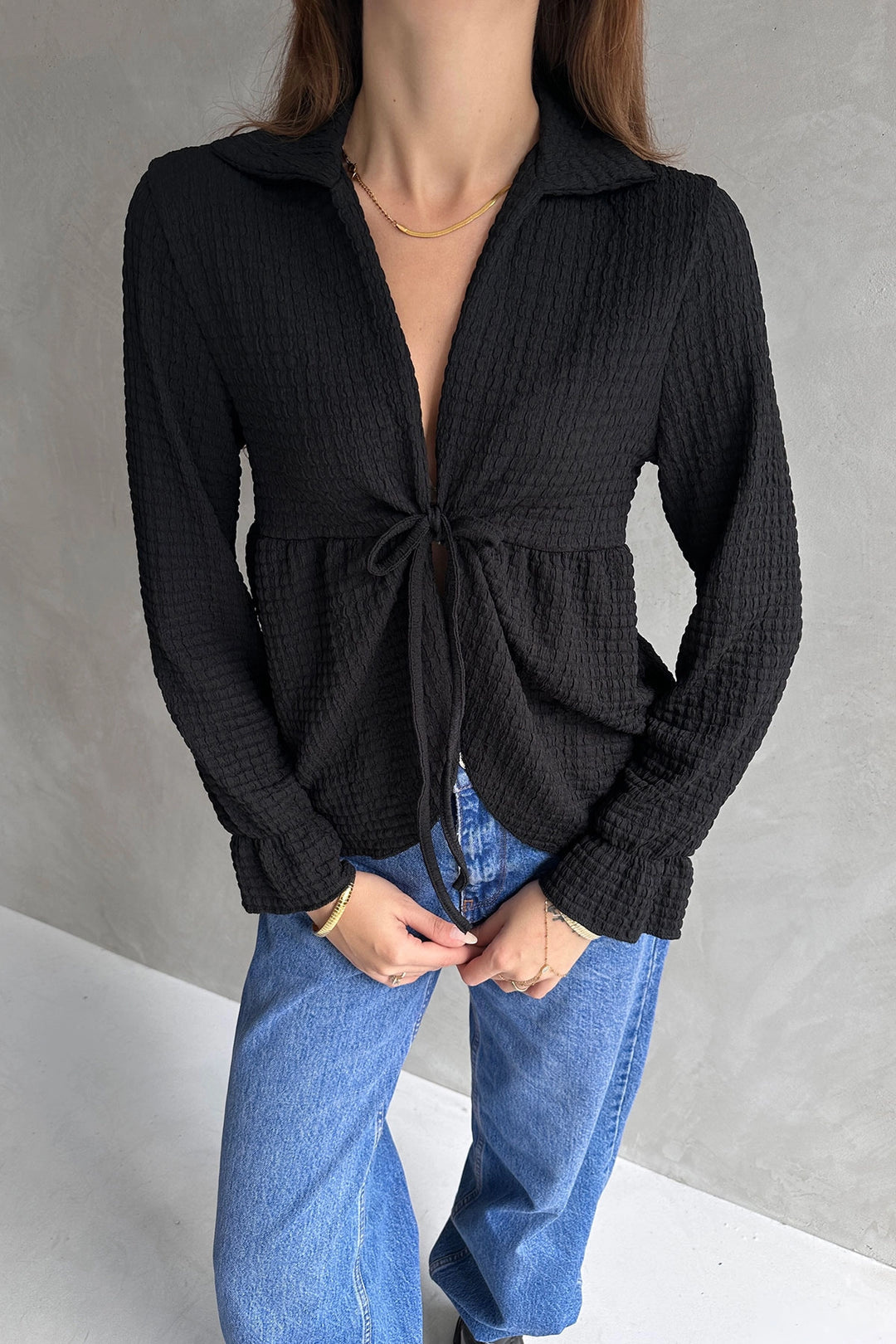 Textured Blouse with Black Collar and Front Laces BCDF-242123 - Lexington