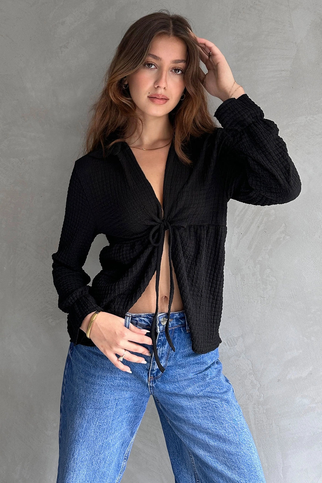 Textured Blouse with Black Collar and Front Laces BCDF-242123 - Lexington