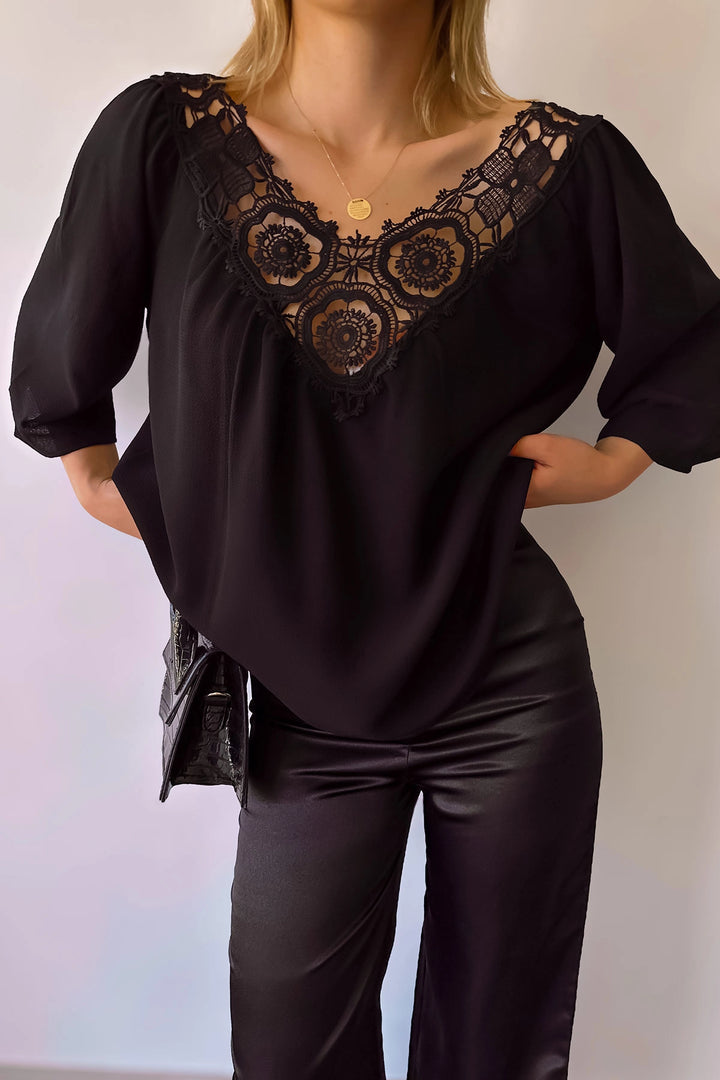 Black Collar Flower Embroidered Crepe Blouse BCBSK-25700-T4010220 - Hinesville