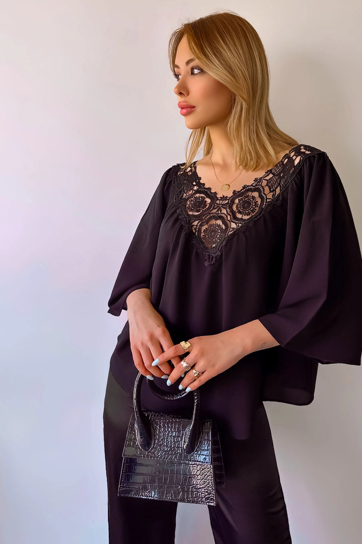 Black Collar Flower Embroidered Crepe Blouse BCBSK-25700-T4010220 - Hinesville
