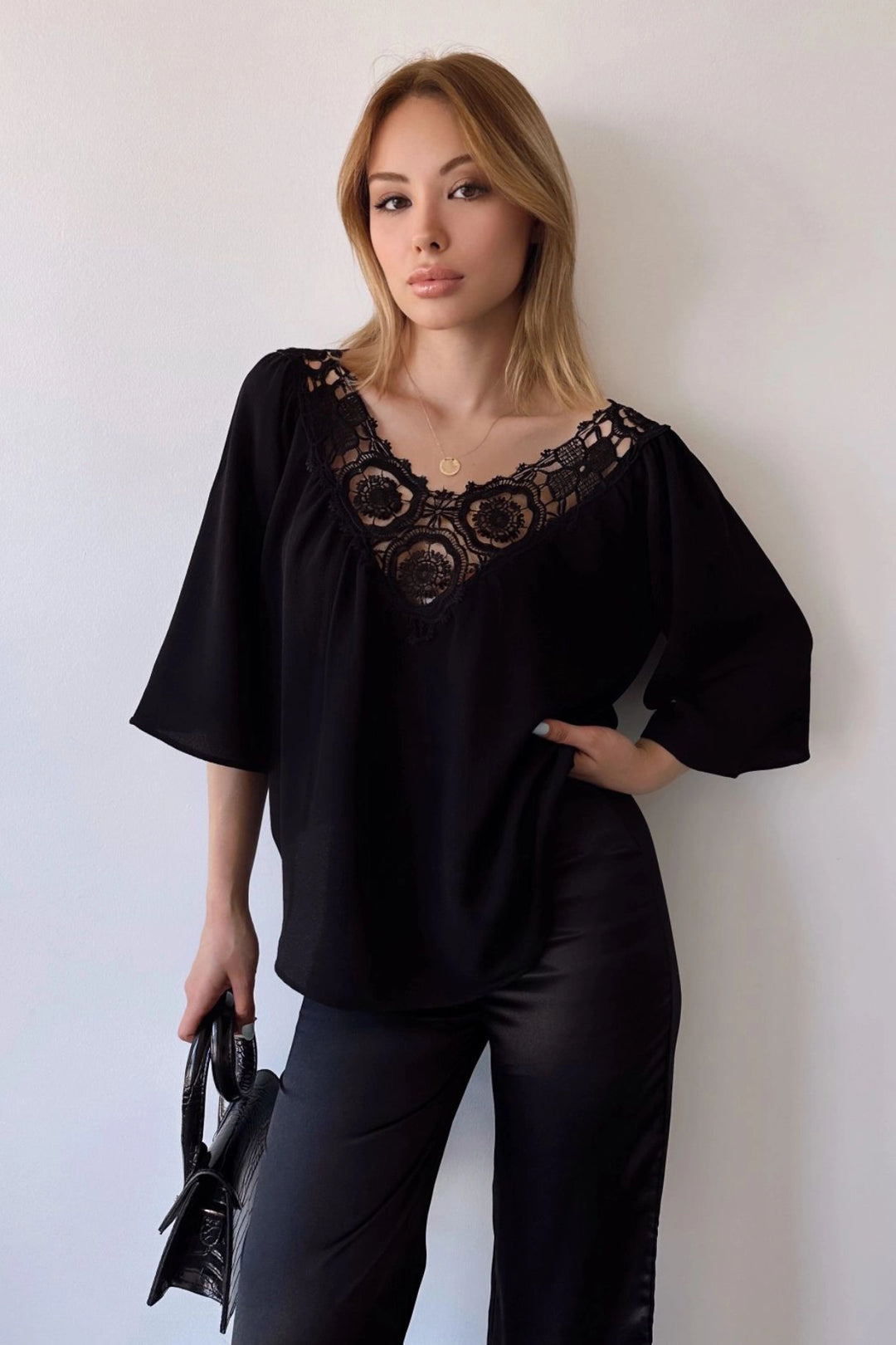 Black Collar Flower Embroidered Crepe Blouse BCBSK-25700-T4010220 - Hinesville
