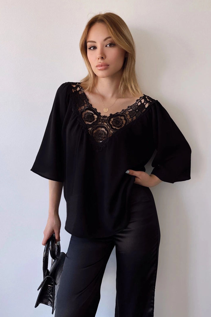 Black Collar Flower Embroidered Crepe Blouse BCBSK-25700-T4010220 - Hinesville