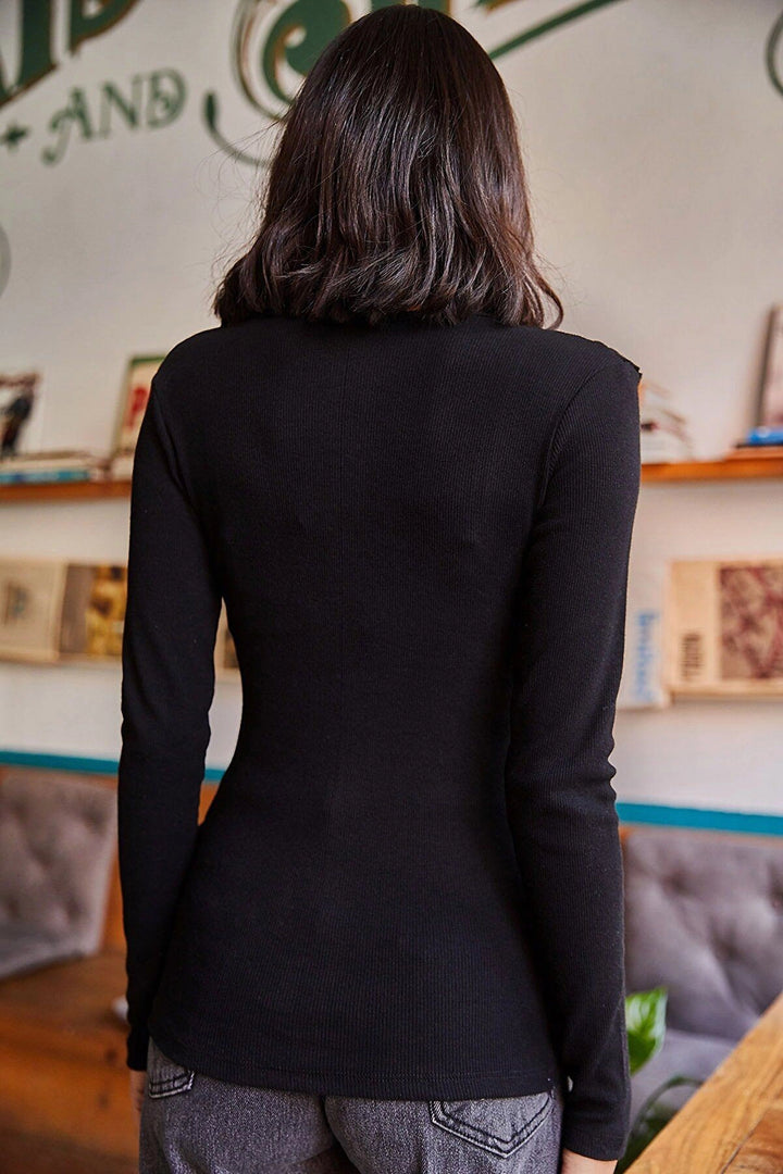 Black Collar Snap Button Ruffle Long Sleeve Blouse BCBSK-25700-K7113 - Zapopan