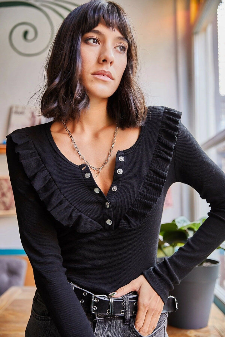 Black Collar Snap Button Ruffle Long Sleeve Blouse BCBSK-25700-K7113 - Zapopan