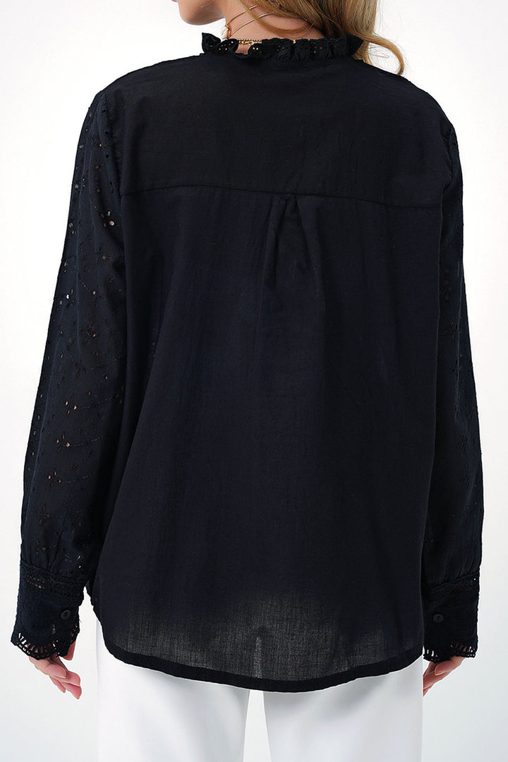 Black Collar Ruffled Embroidered Fisto Shirt BCHESQ-251065 - Springfield