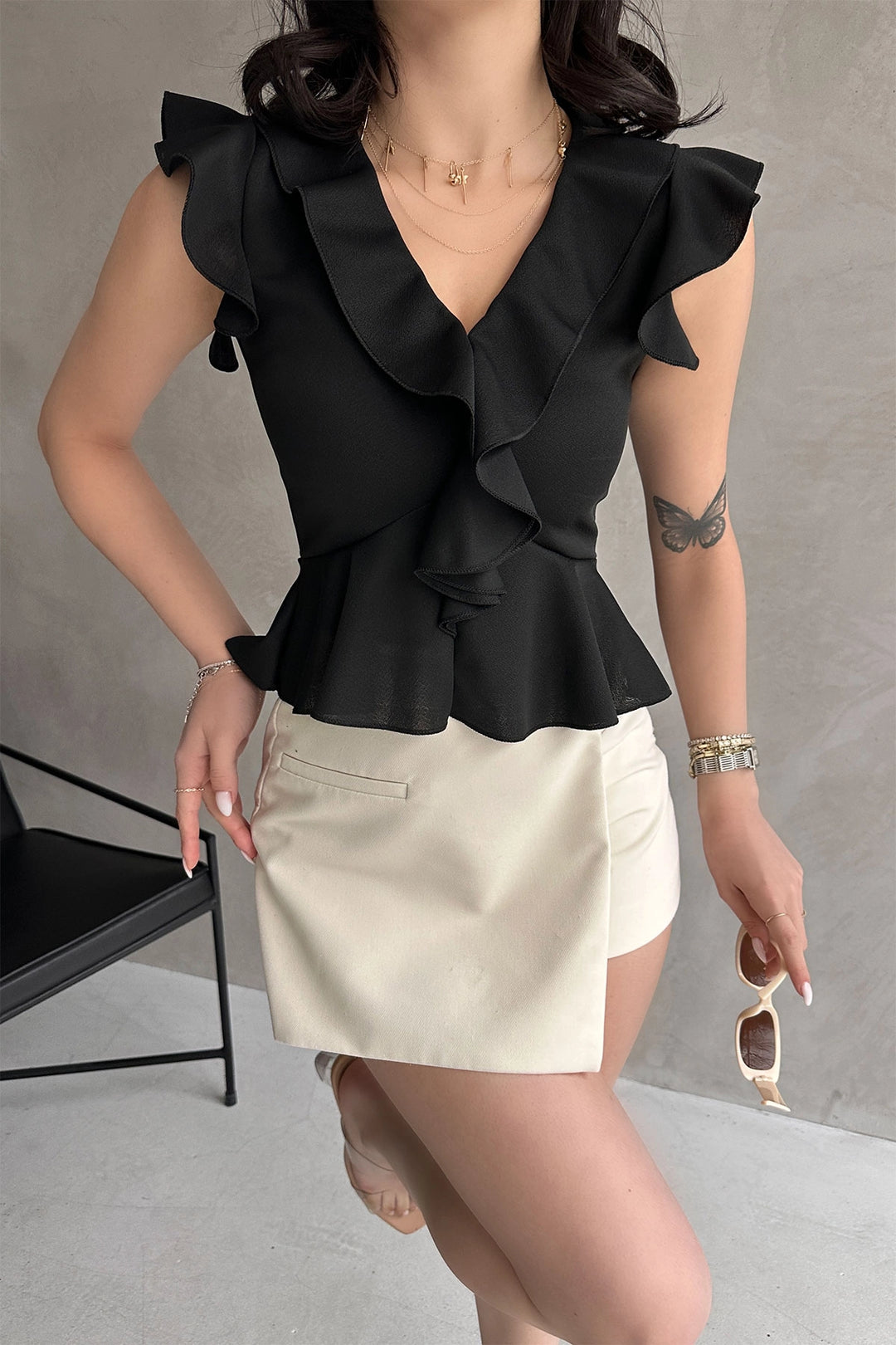 Black Ruffled Crepe Blouse with Collar and Sleeves BCDF-252161 - Landshut