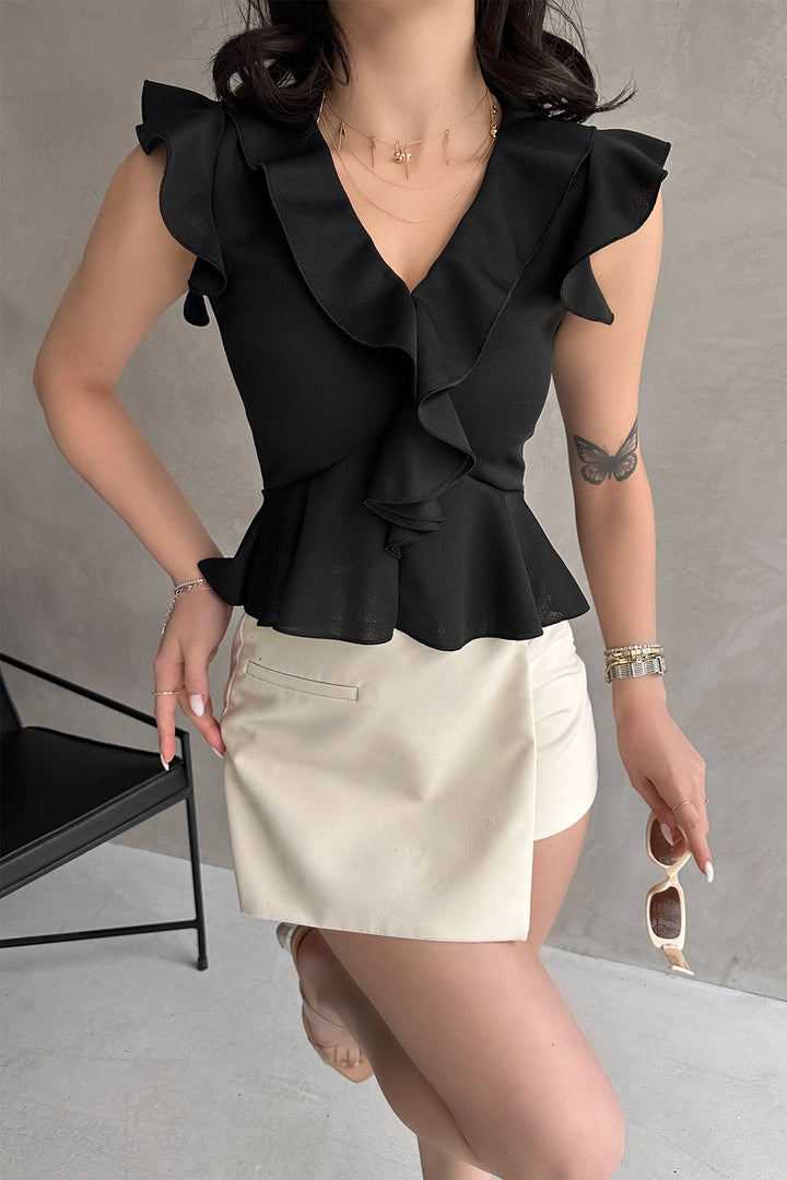 Black Ruffled Crepe Blouse with Collar and Sleeves BCDF-252161 - Landshut