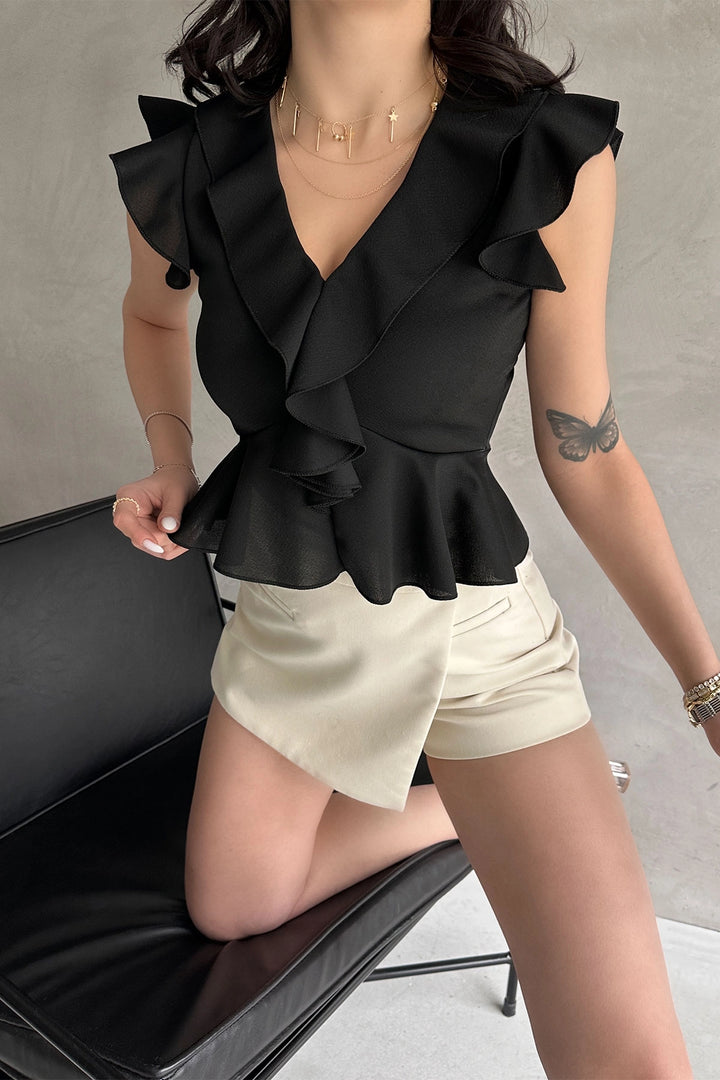 Black Ruffled Crepe Blouse with Collar and Sleeves BCDF-252161 - Landshut
