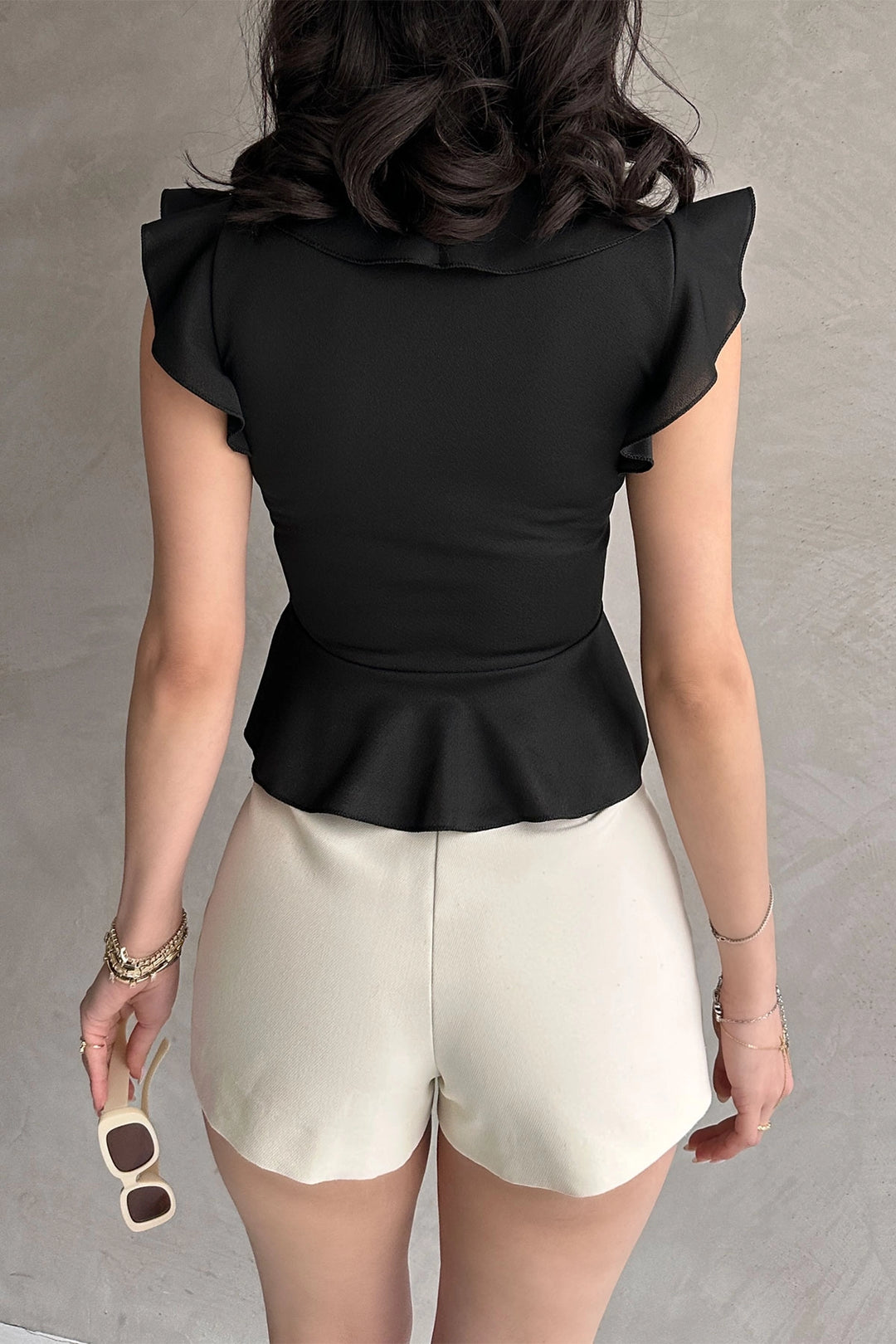 Black Ruffled Crepe Blouse with Collar and Sleeves BCDF-252161 - Landshut