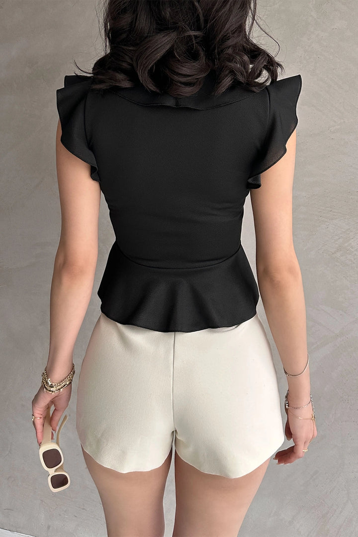 Black Ruffled Crepe Blouse with Collar and Sleeves BCDF-252161 - Landshut