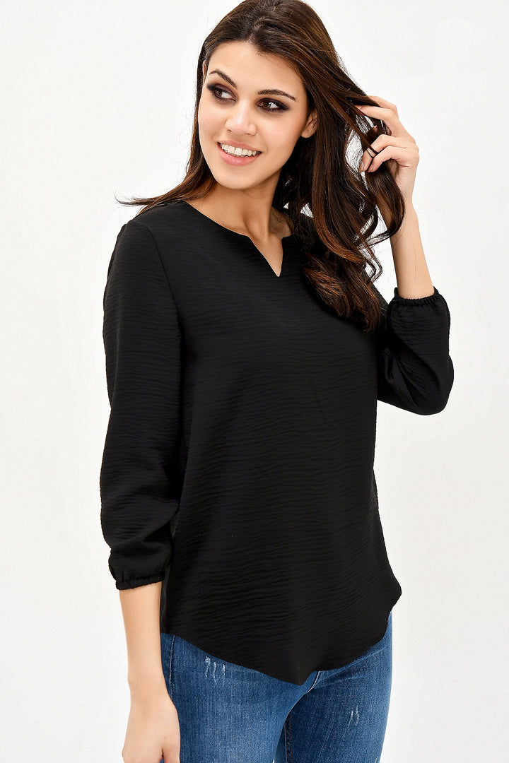 Black Collar Slit Crepe Blouse BCBSK-25700-2842 - Lehi