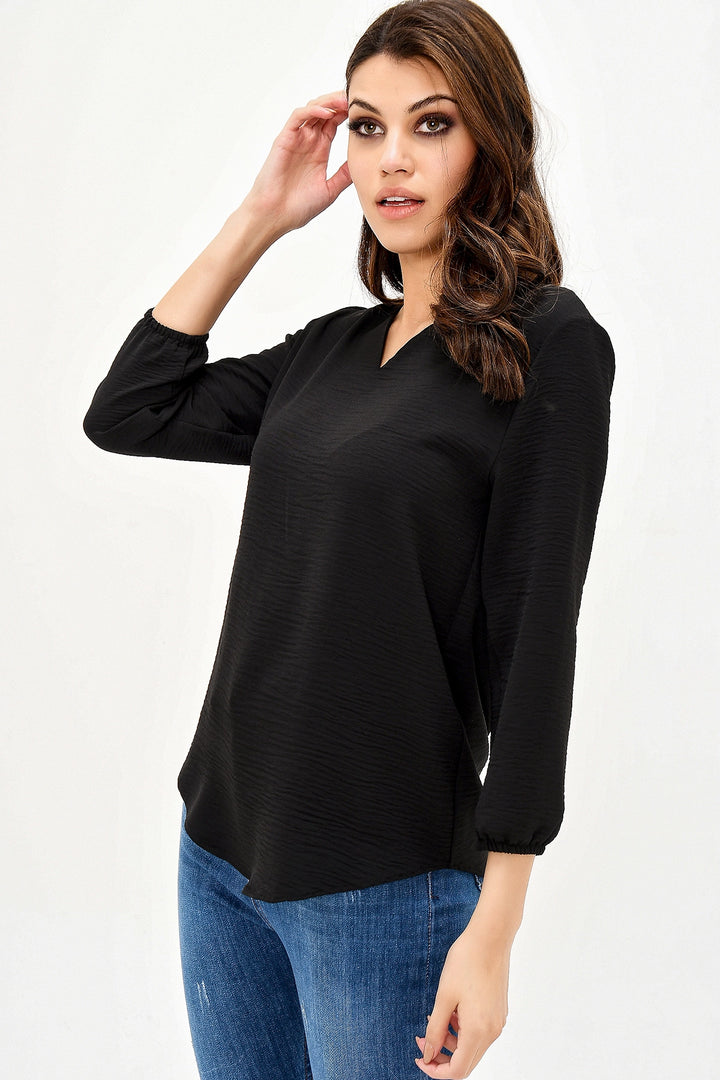 Black Collar Slit Crepe Blouse BCBSK-25700-2842 - Lehi