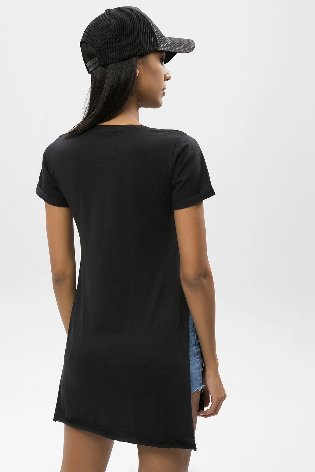 Black Side Slit V-Neck Long T-Shirt BCBSK-25650-6007-2 - Meoqui