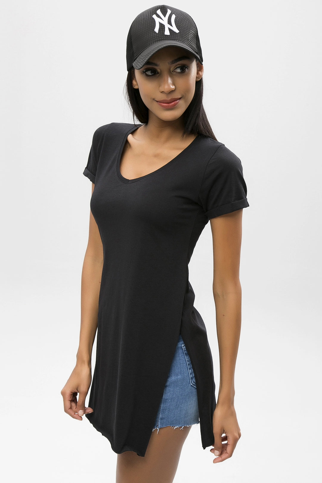 Black Side Slit V-Neck Long T-Shirt BCBSK-25650-6007-2 - Meoqui