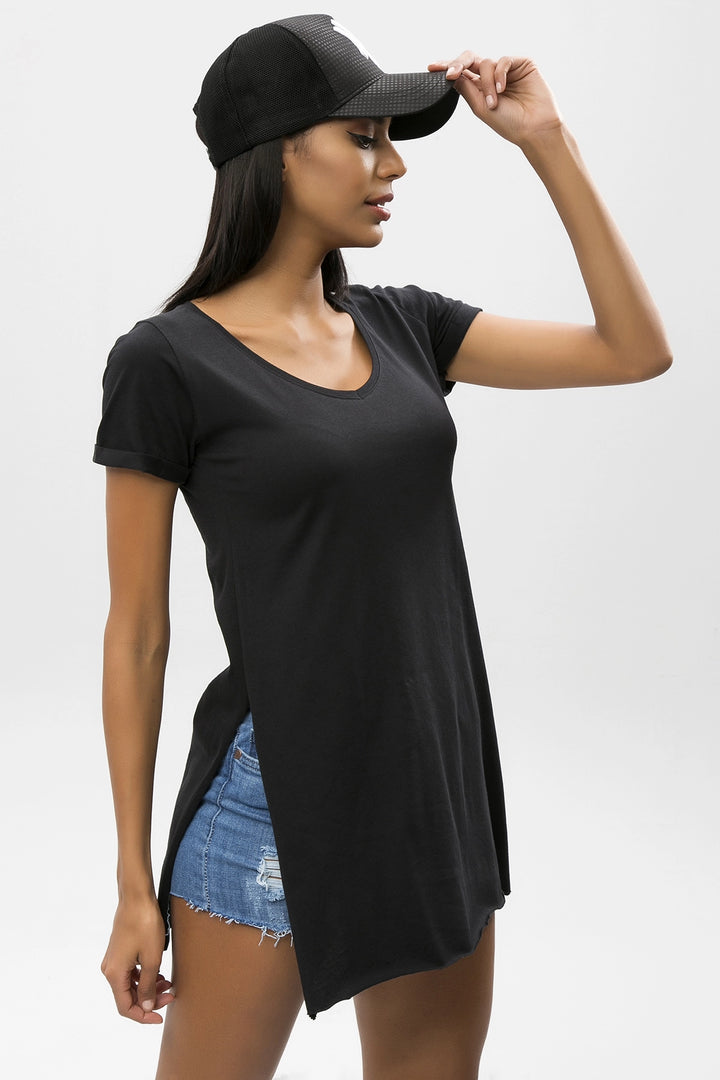 Black Side Slit V-Neck Long T-Shirt BCBSK-25650-6007-2 - Meoqui