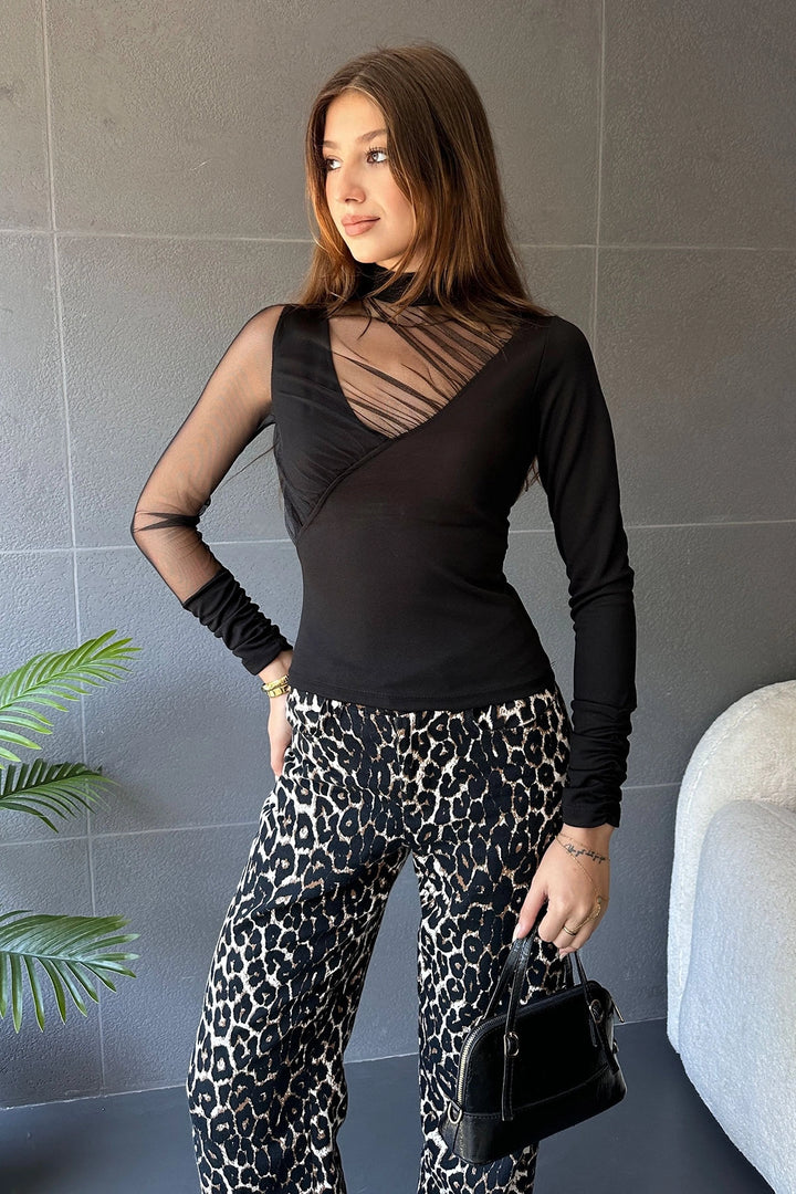 Black Half Fisherman Tulle Detailed Blouse BCDF-241099 - Owasso