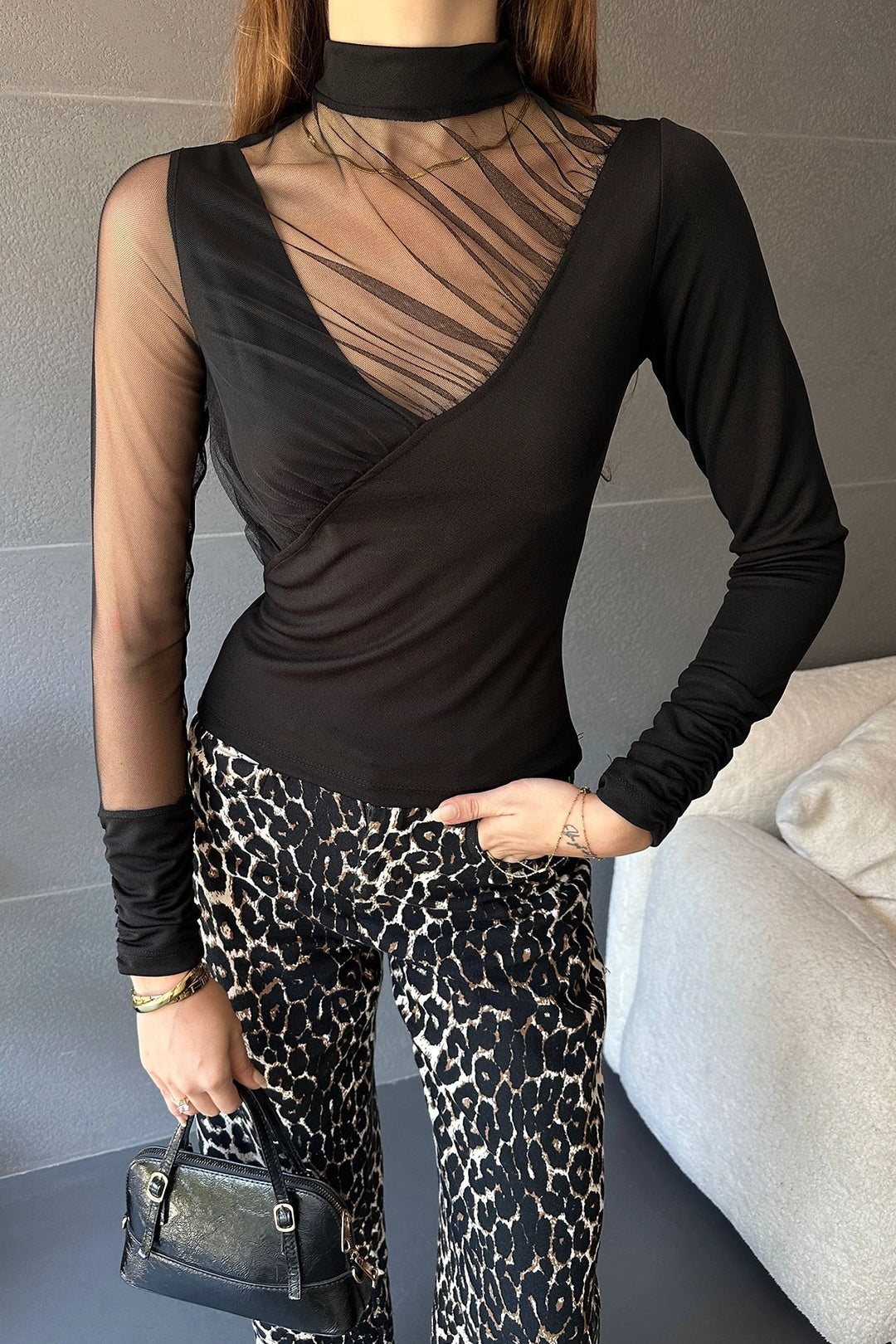 Black Half Fisherman Tulle Detailed Blouse BCDF-241099 - Owasso