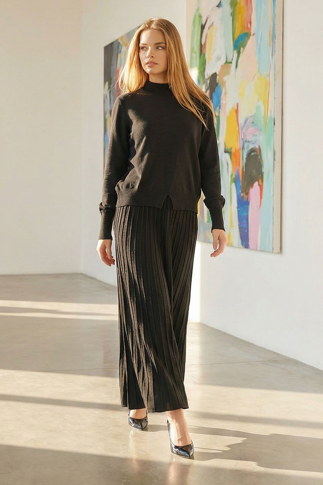 Black Half Fisherman Collar Sweater and Midi Pleated Skirt Set BCHPK-251253 - Exmouth