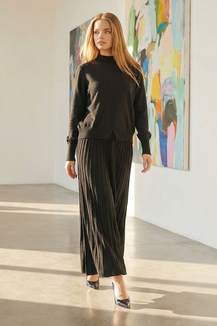 Black Half Fisherman Collar Sweater and Midi Pleated Skirt Set BCHPK-251253 - Exmouth