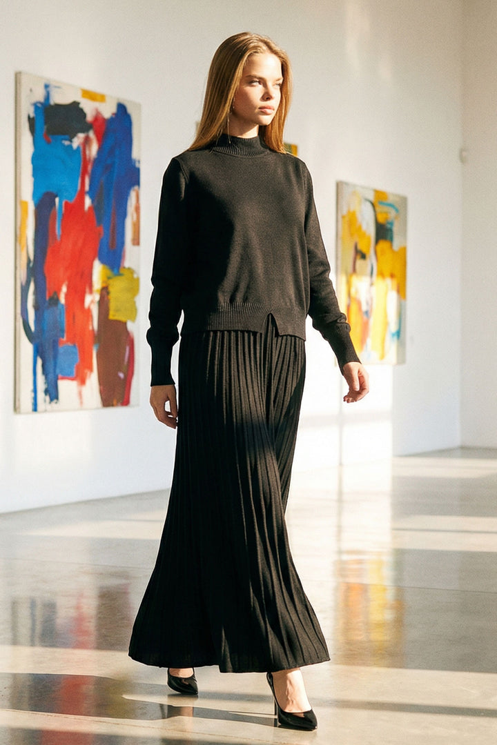 Black Half Fisherman Collar Sweater and Midi Pleated Skirt Set BCHPK-251253 - Exmouth