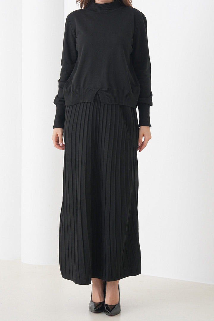Black Half Fisherman Collar Sweater and Midi Pleated Skirt Set BCHPK-251253 - Exmouth