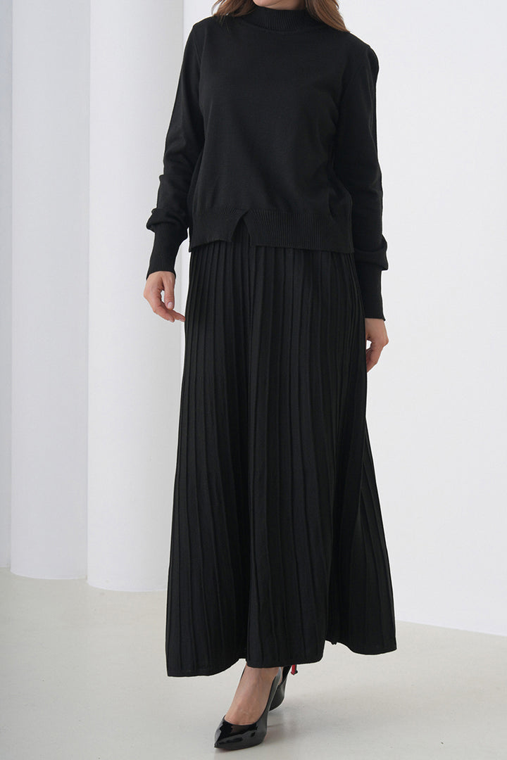 Black Half Fisherman Collar Sweater and Midi Pleated Skirt Set BCHPK-251253 - Saginaw