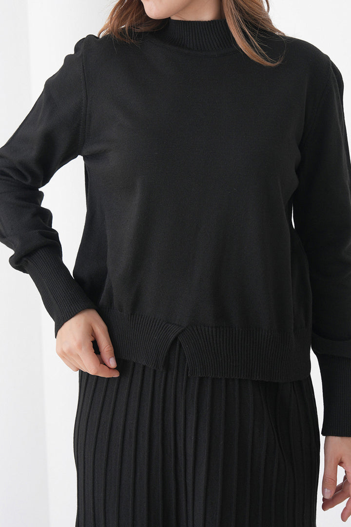Black Half Fisherman Collar Sweater and Midi Pleated Skirt Set BCHPK-251253 - Saginaw