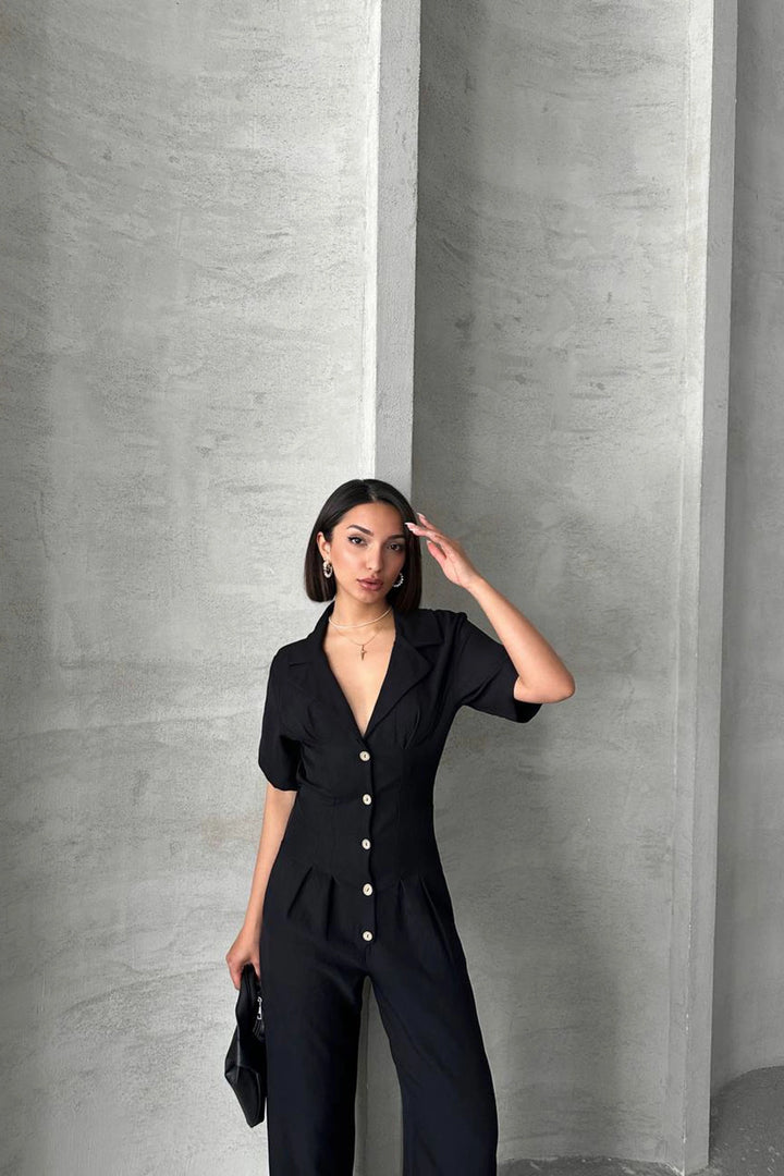 Black Half Sleeve Waist Corset-Look Loose Fit Woven Jumpsuit BCHN-25255059 - Bistriţa