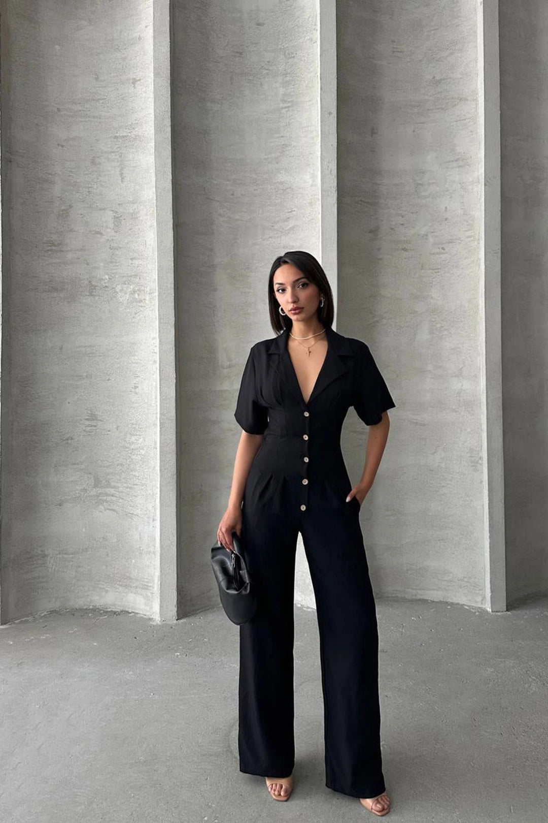 Black Half Sleeve Waist Corset-Look Loose Fit Woven Jumpsuit BCHN-25255059 - Bistriţa